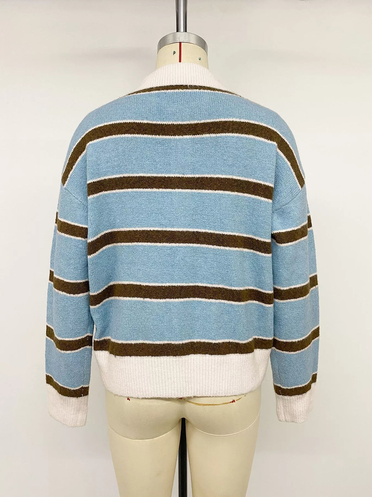 Striped Button Polo Collar Sweater in Blue view 13