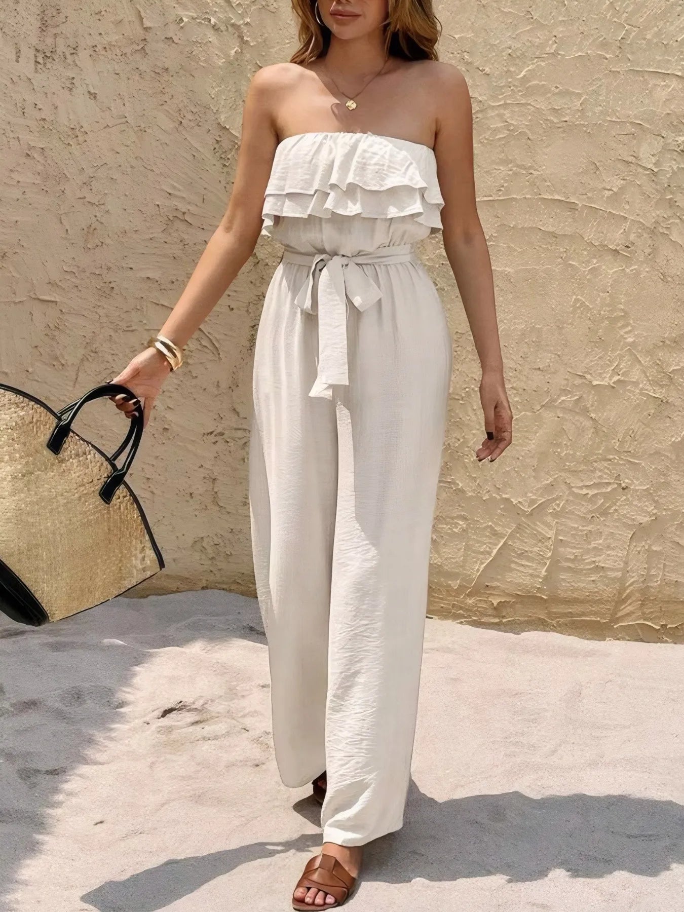 Off-Shoulder Ruffled Wide Leg Jumpsuit - Fashorio