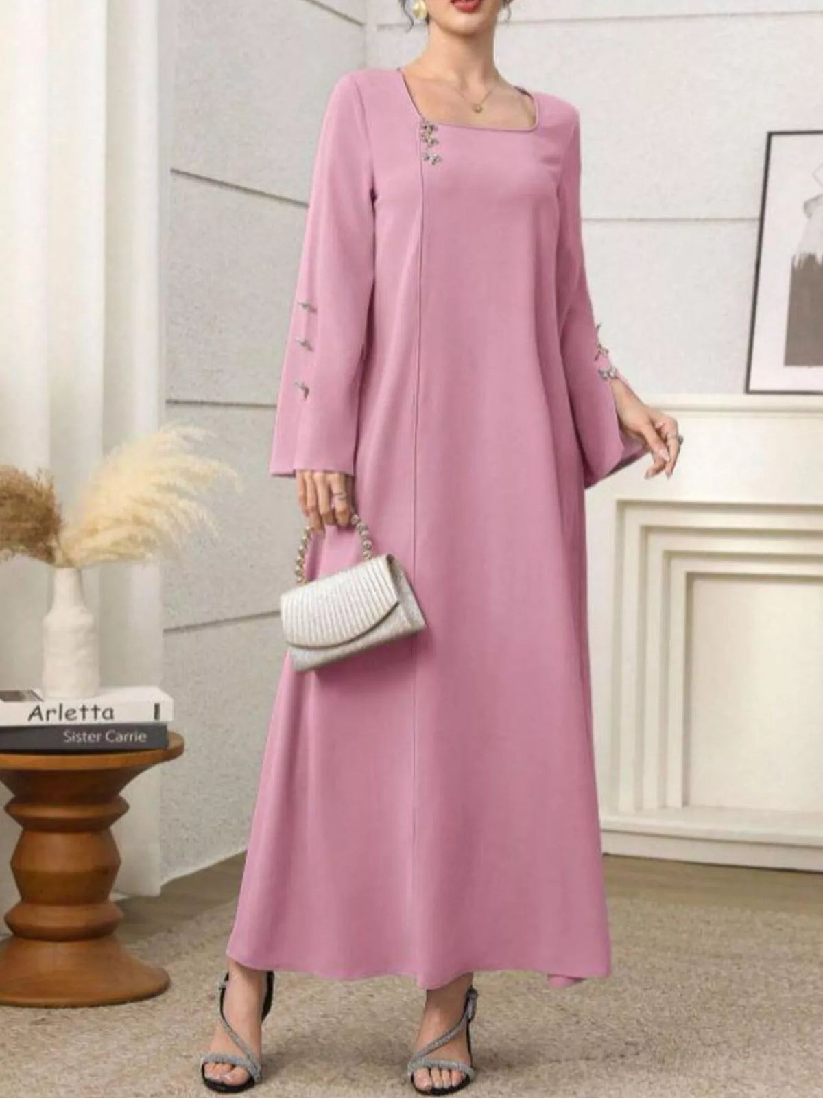 dusty pink square neck long sleeve maxi dress back view