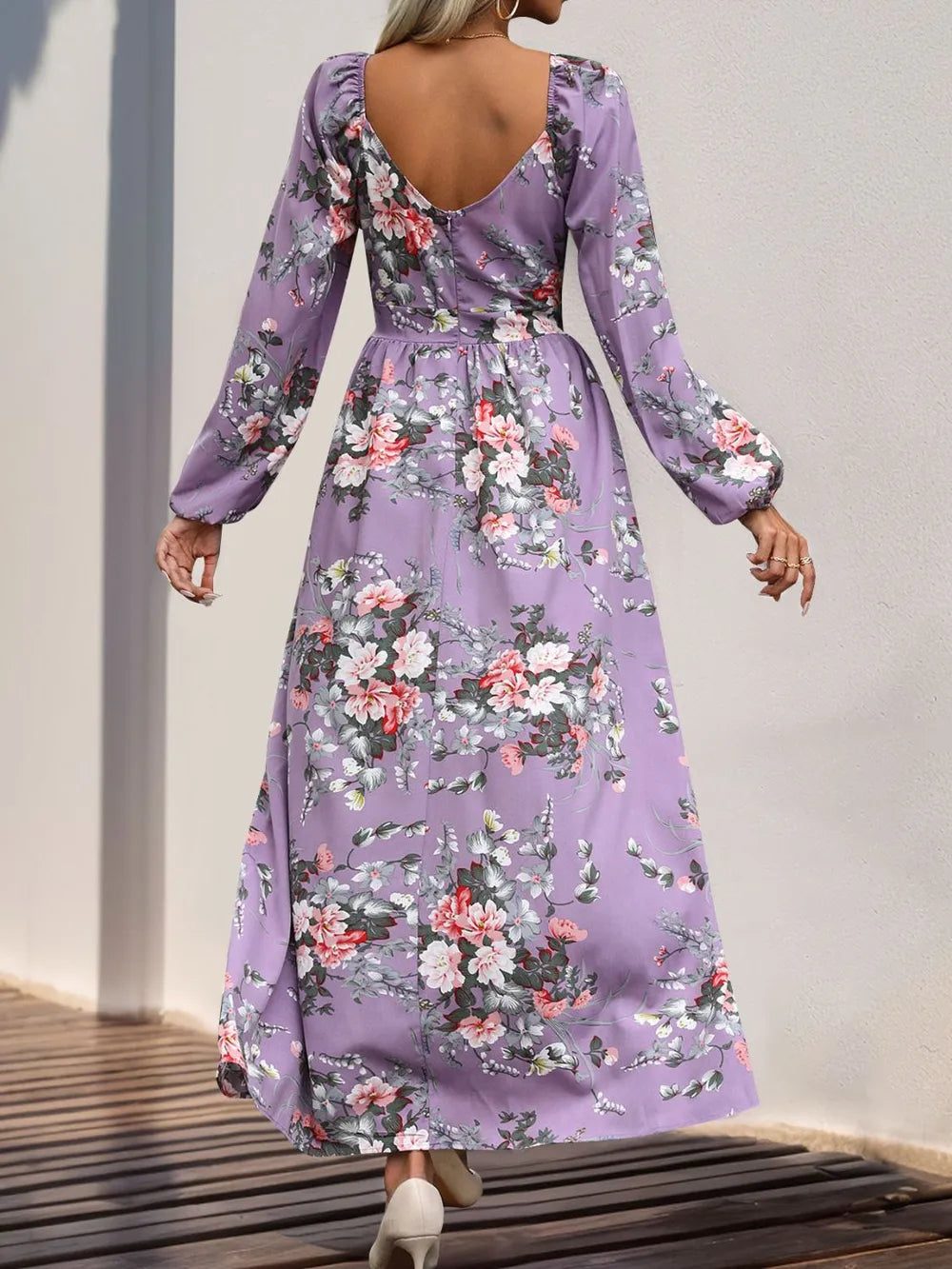 Printed surplice dress styled outfit
