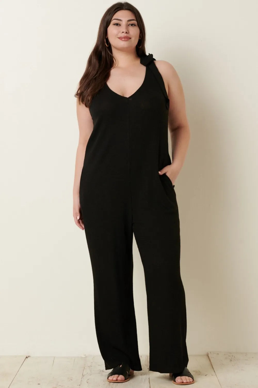 Rib Knit V Neck Cross Back Jumpsuit styled look