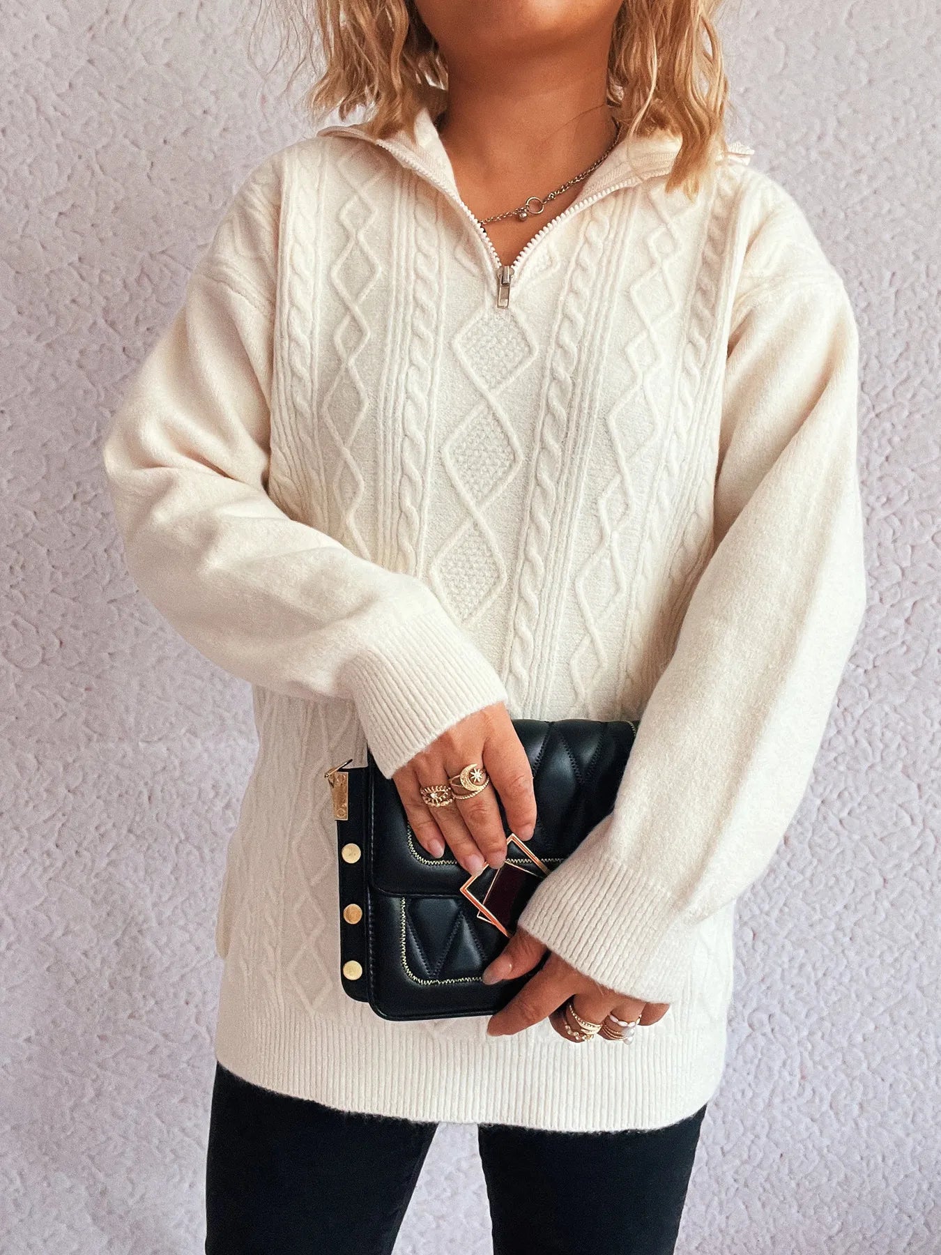 Texture Zip Collar Long Sleeve Sweater - Fashorio