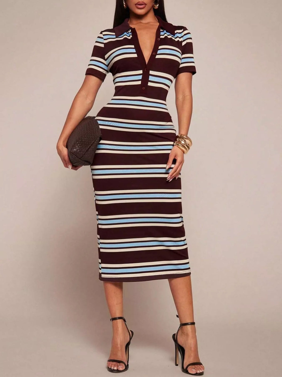 Striped polo collar midi dress back view