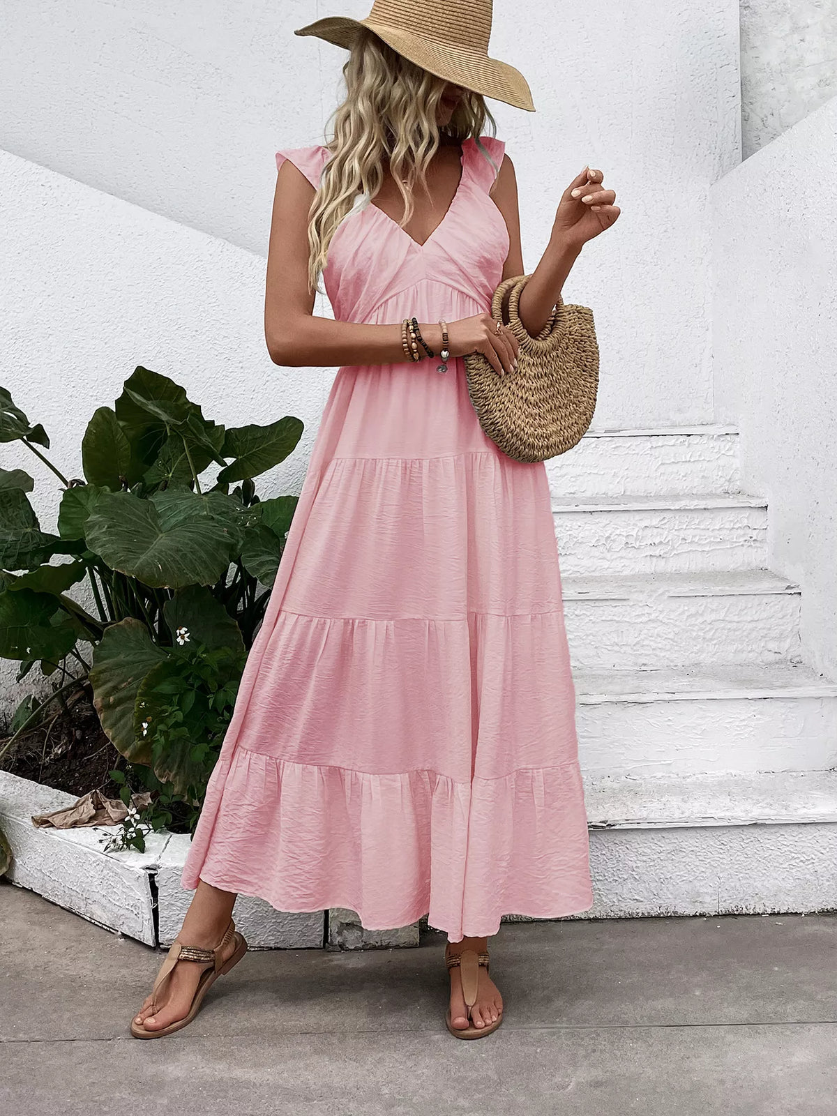 V neck tiered flutter sleeve maxi dress side view