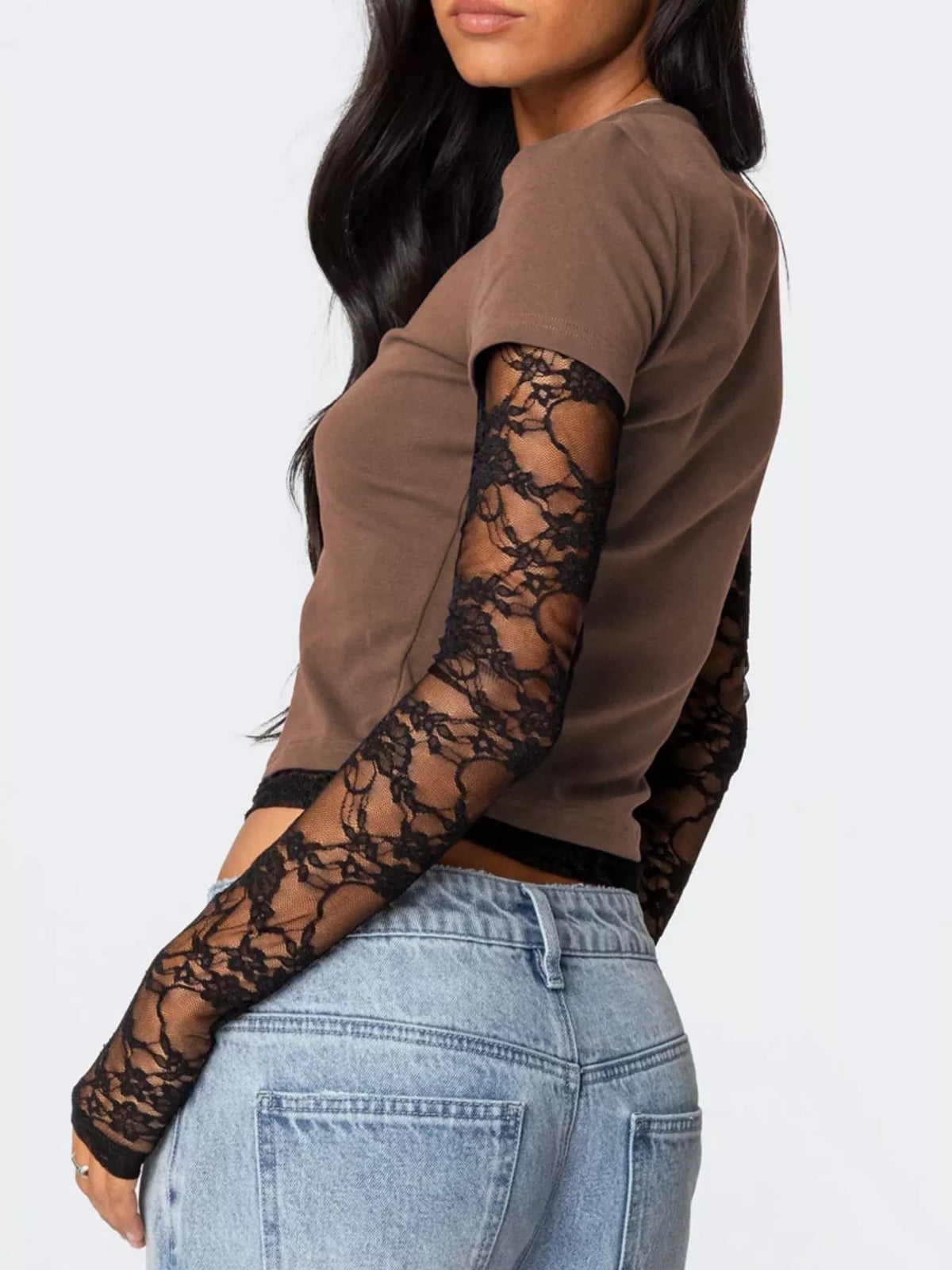 Cropped tee with sheer lace long sleeves detail view