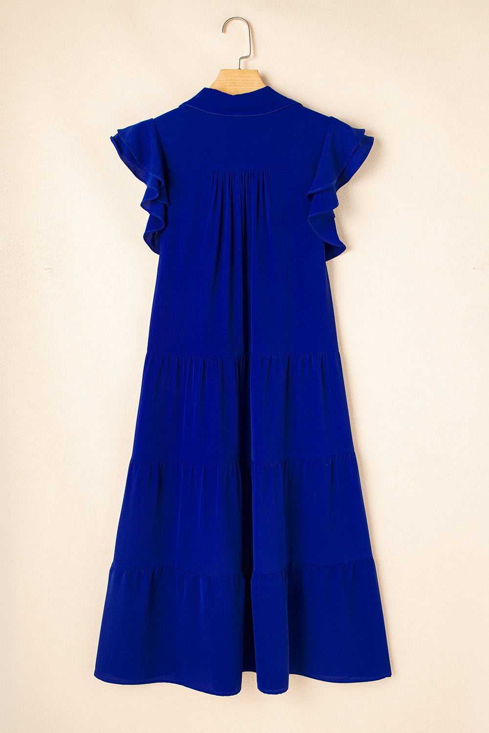 Blue tiered ruffle midi dress detail view