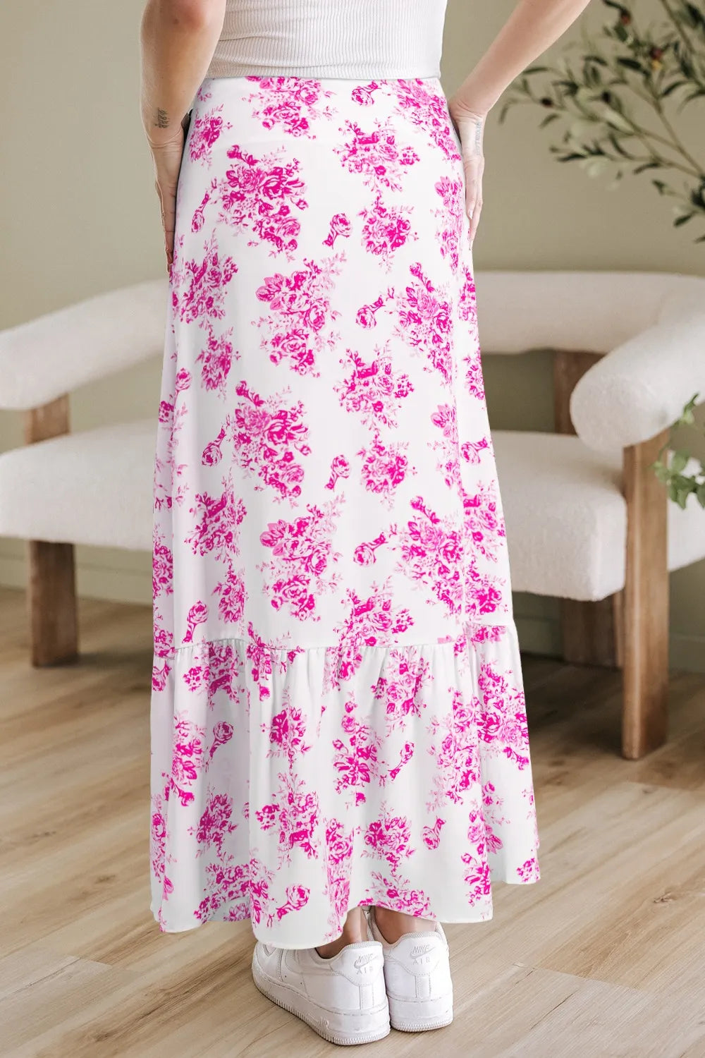 Back view of high waist floral ruffle skirt