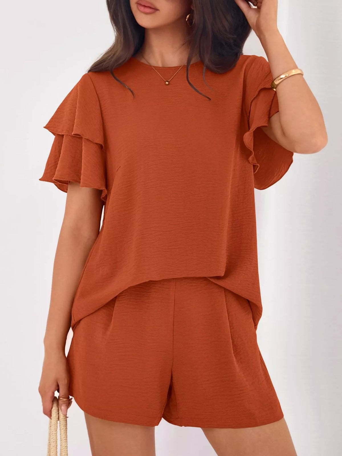 Womens ruffle sleeve coordinated shorts set