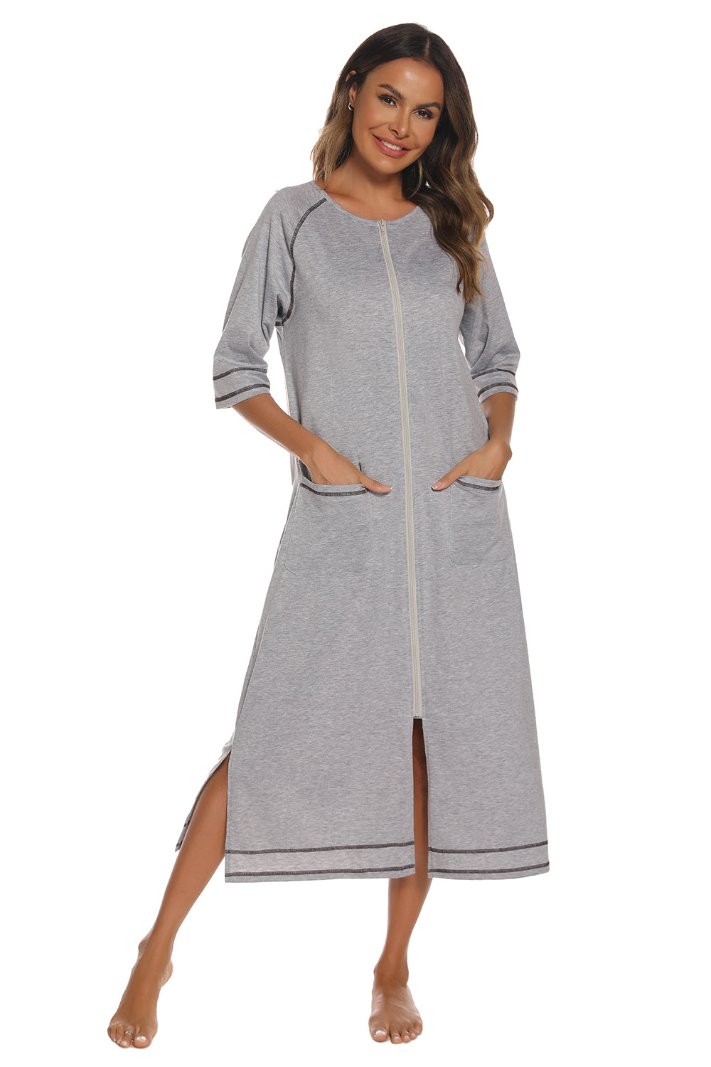 Zip Up Slit Round Neck Night Dress with Pockets - Fashorio