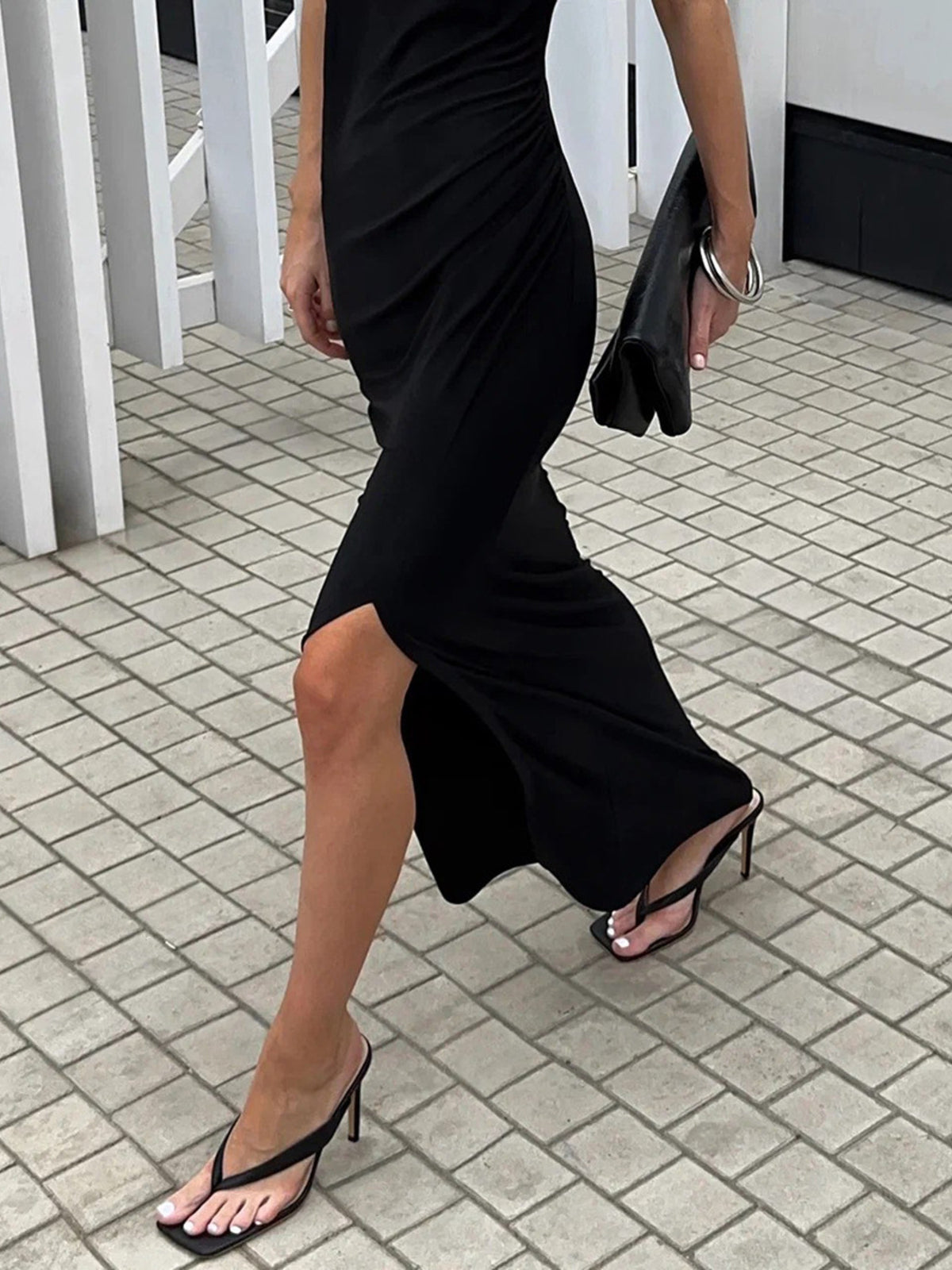 Black slit sleeveless round neck maxi dress full length view