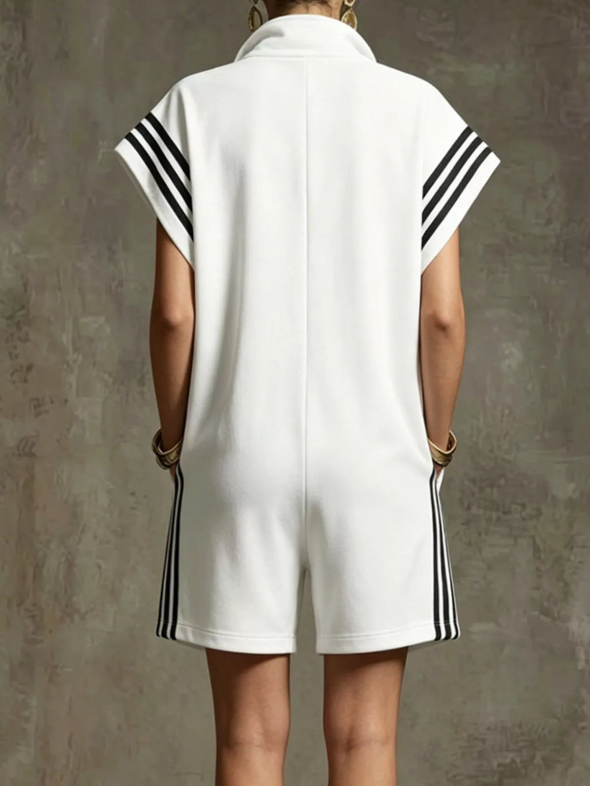 Striped zip front short sleeve romper full length view
