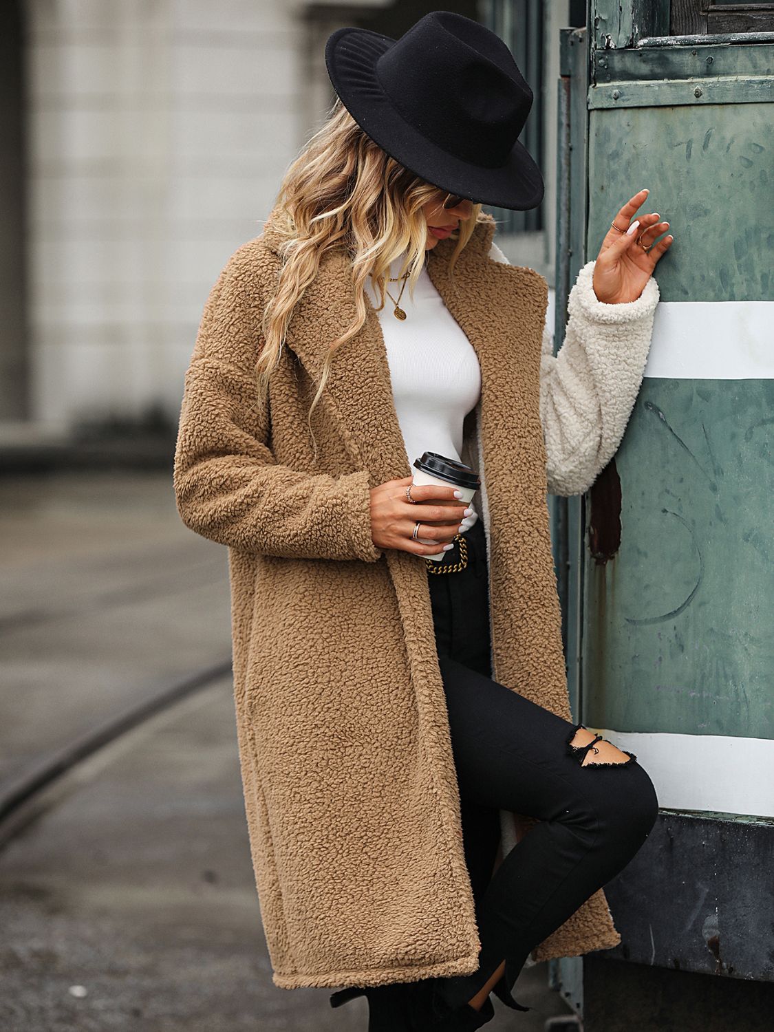 Contrast Dropped Shoulder Sherpa Coat - Fashorio