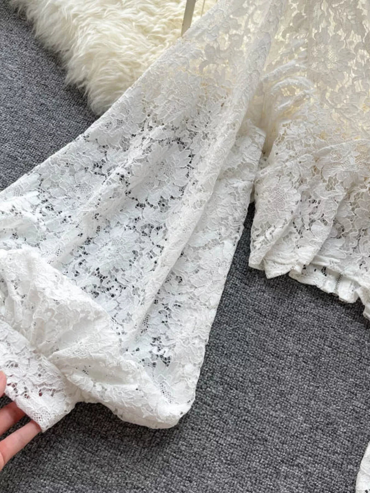 Lace tie back long sleeve top, side view