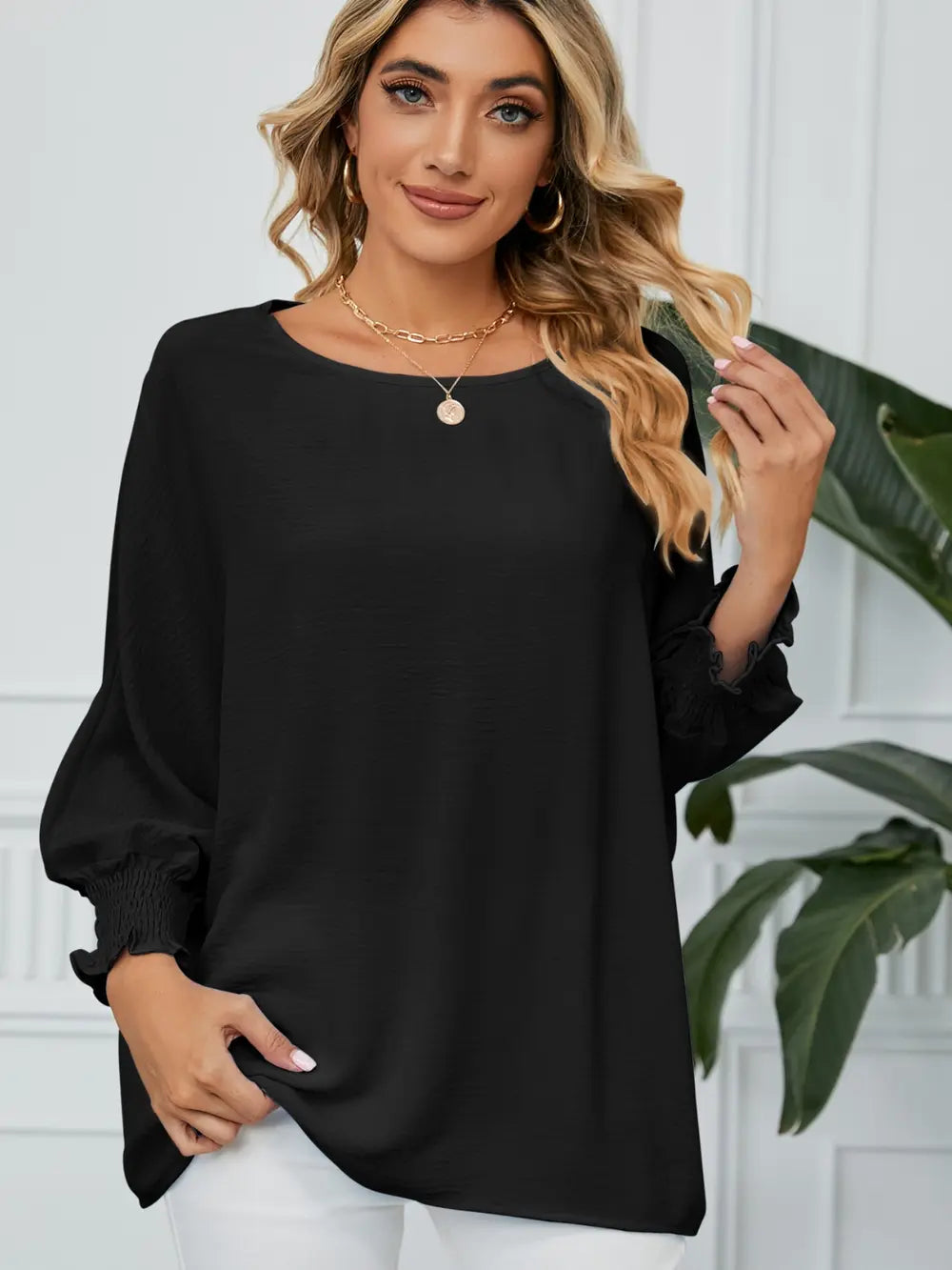 Smocked Lantern Sleeve Round Neck Blouse Black - Fashorio