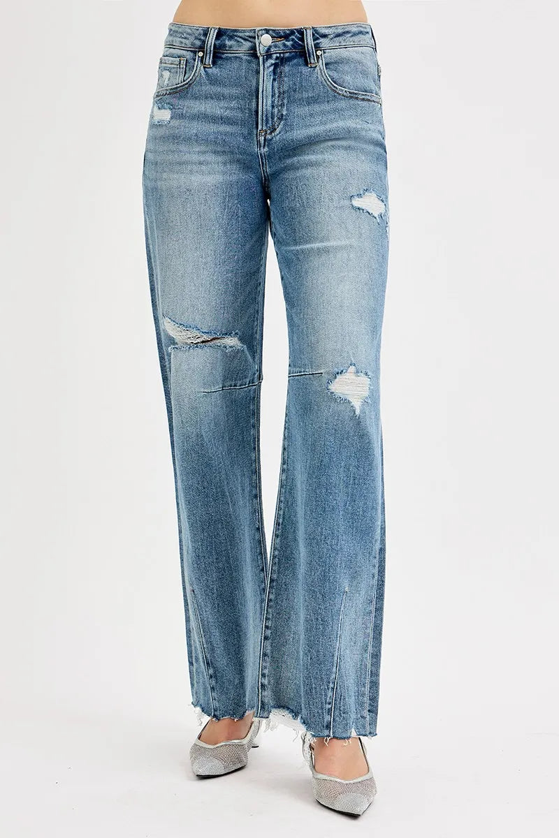 RISEN Full Size Mid Rise Fit Wide Baggy Leg Tie Washed Jeans Plus Size - Fashorio