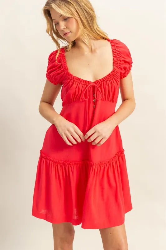 Ruched Frill Tiered Short Sleeve Mini Dress