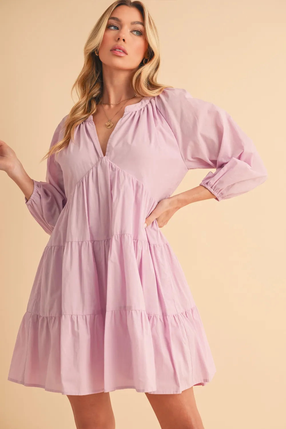 Lilac notched balloon sleeve tiered mini dress front view
