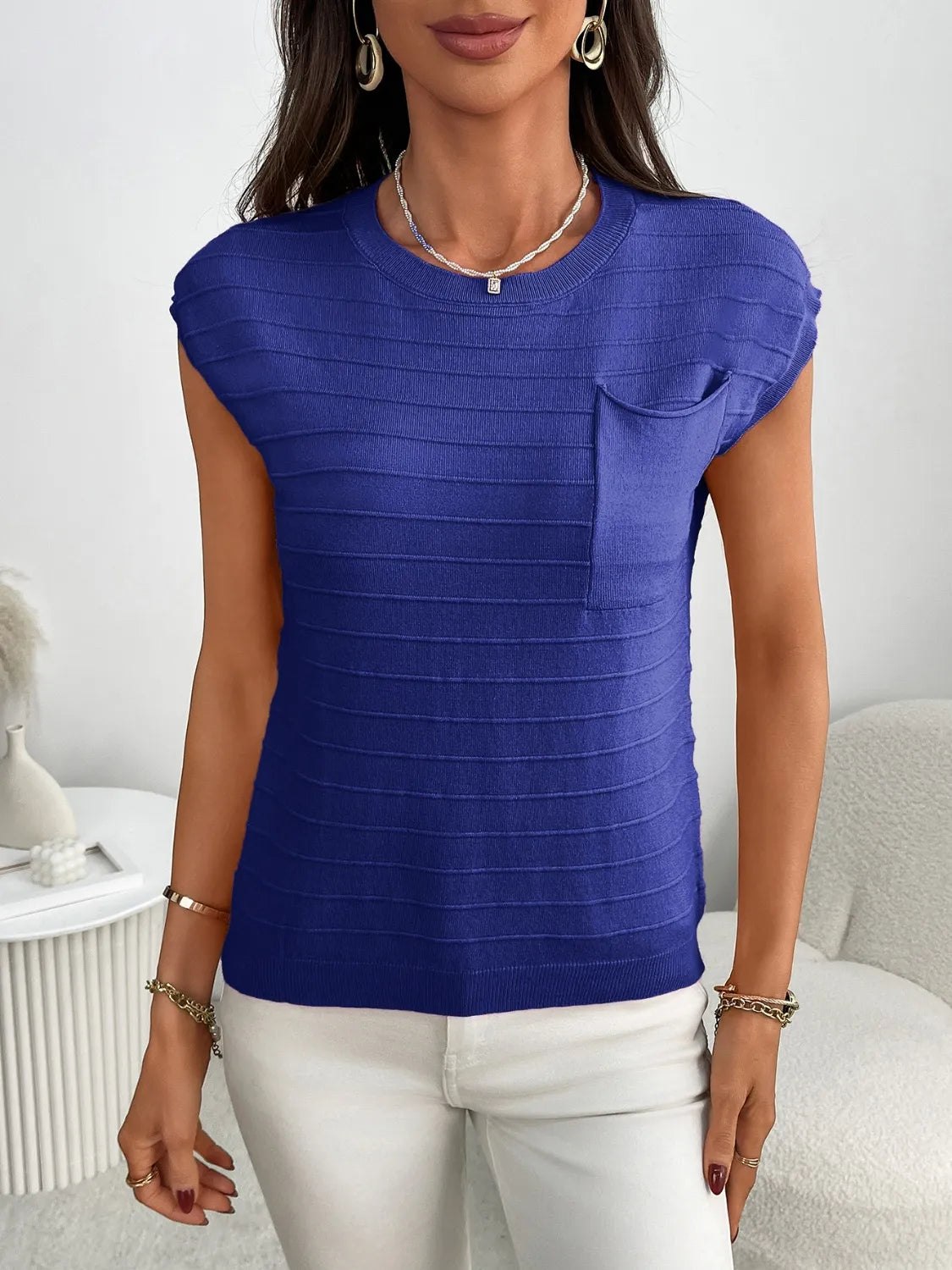 Round Neck Cap Sleeve Knit Top - Fashorio
