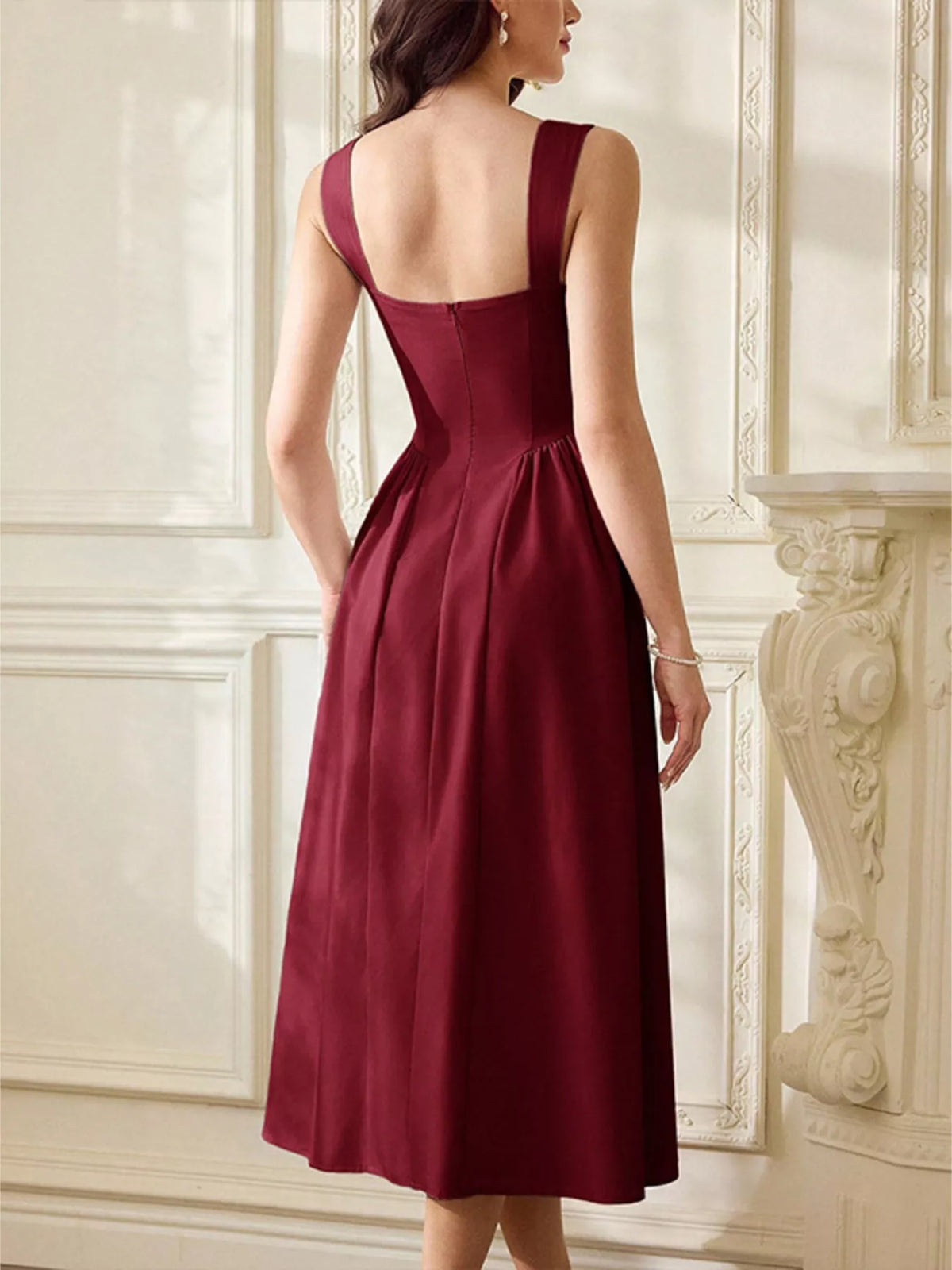 Red sweetheart neckline a line midi dress detail view