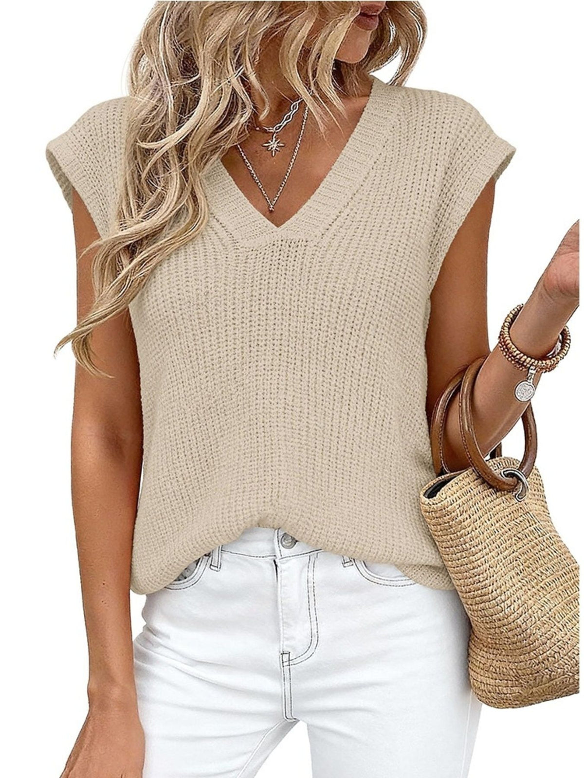 Knit sweater vest showing v neckline detail