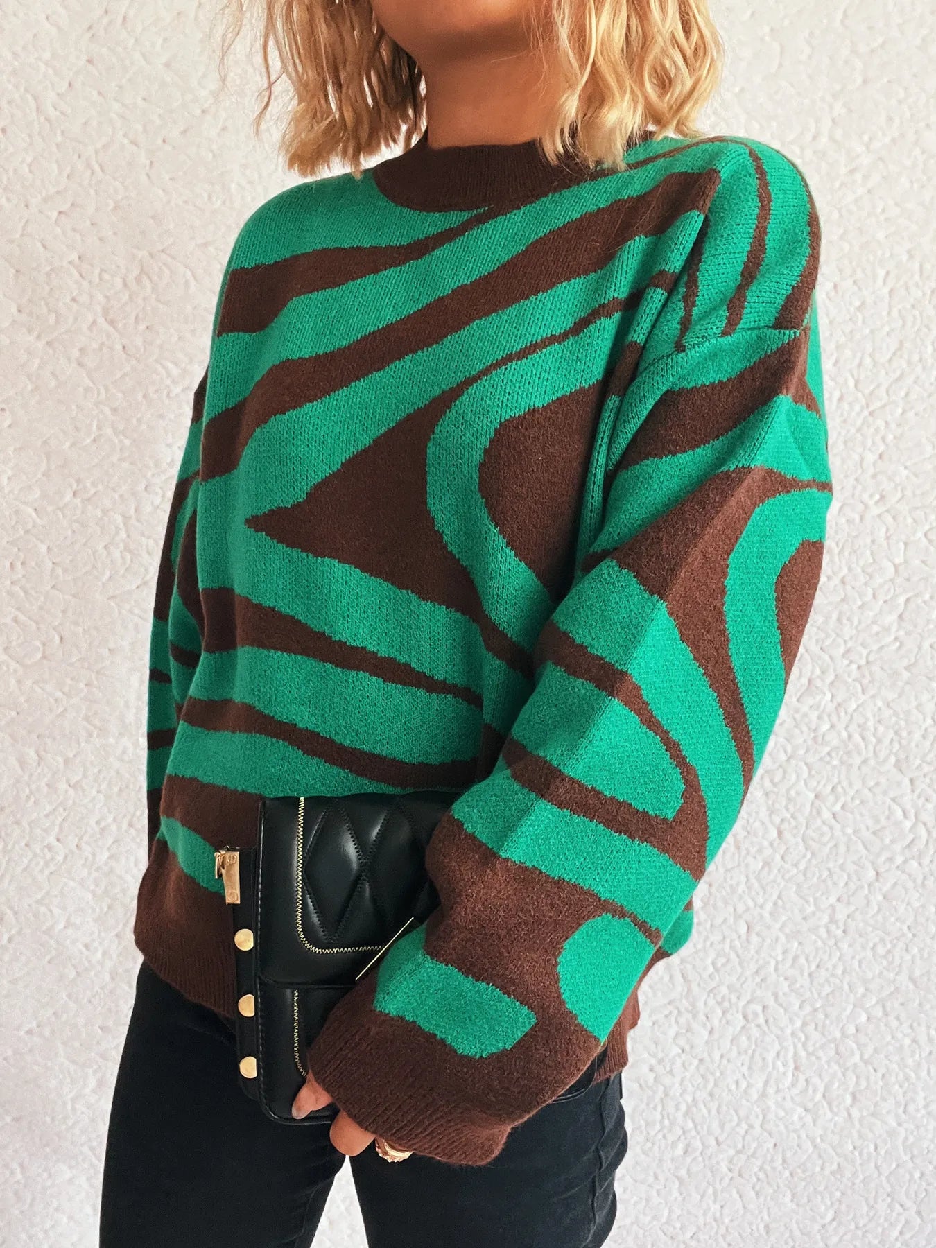 Zebra Print Round Neck Sweater - Fashorio