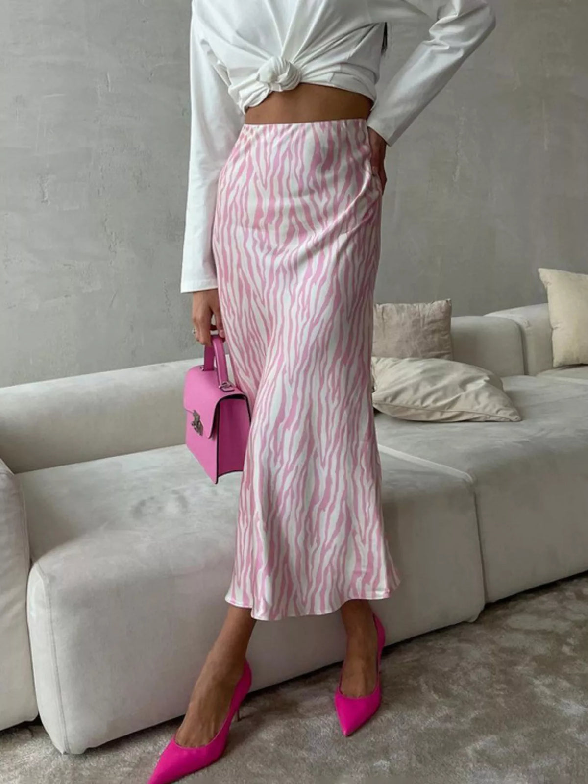 Zebra print midi skirt styled look