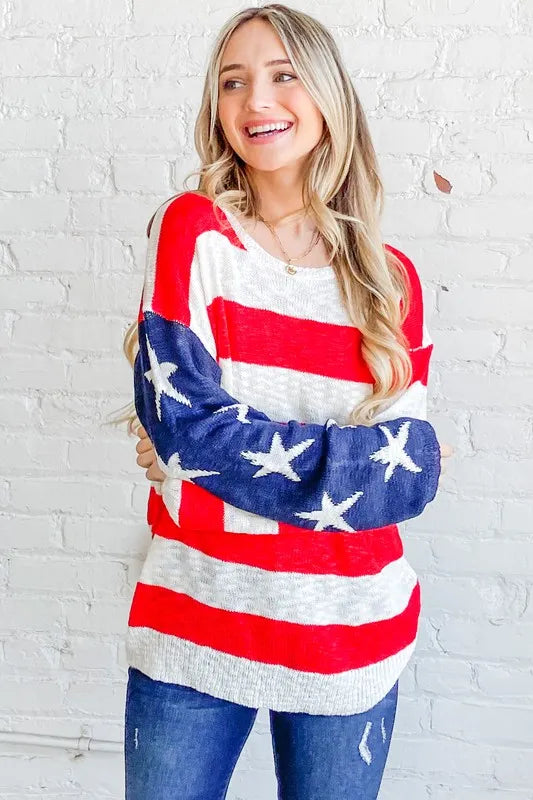American Flag Long Sleeve Sweater in Red and Navy on model