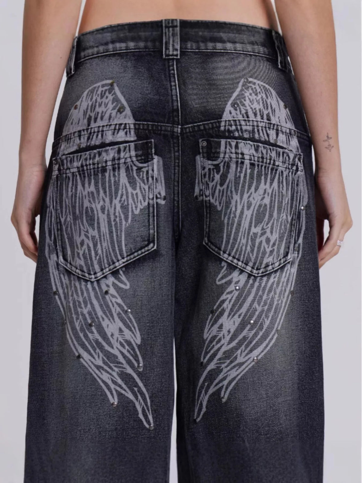 Wide leg studded jeans side profile