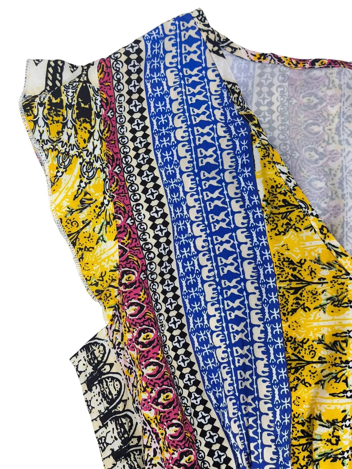 Boho print ruffle sleeve slit dress styled on model