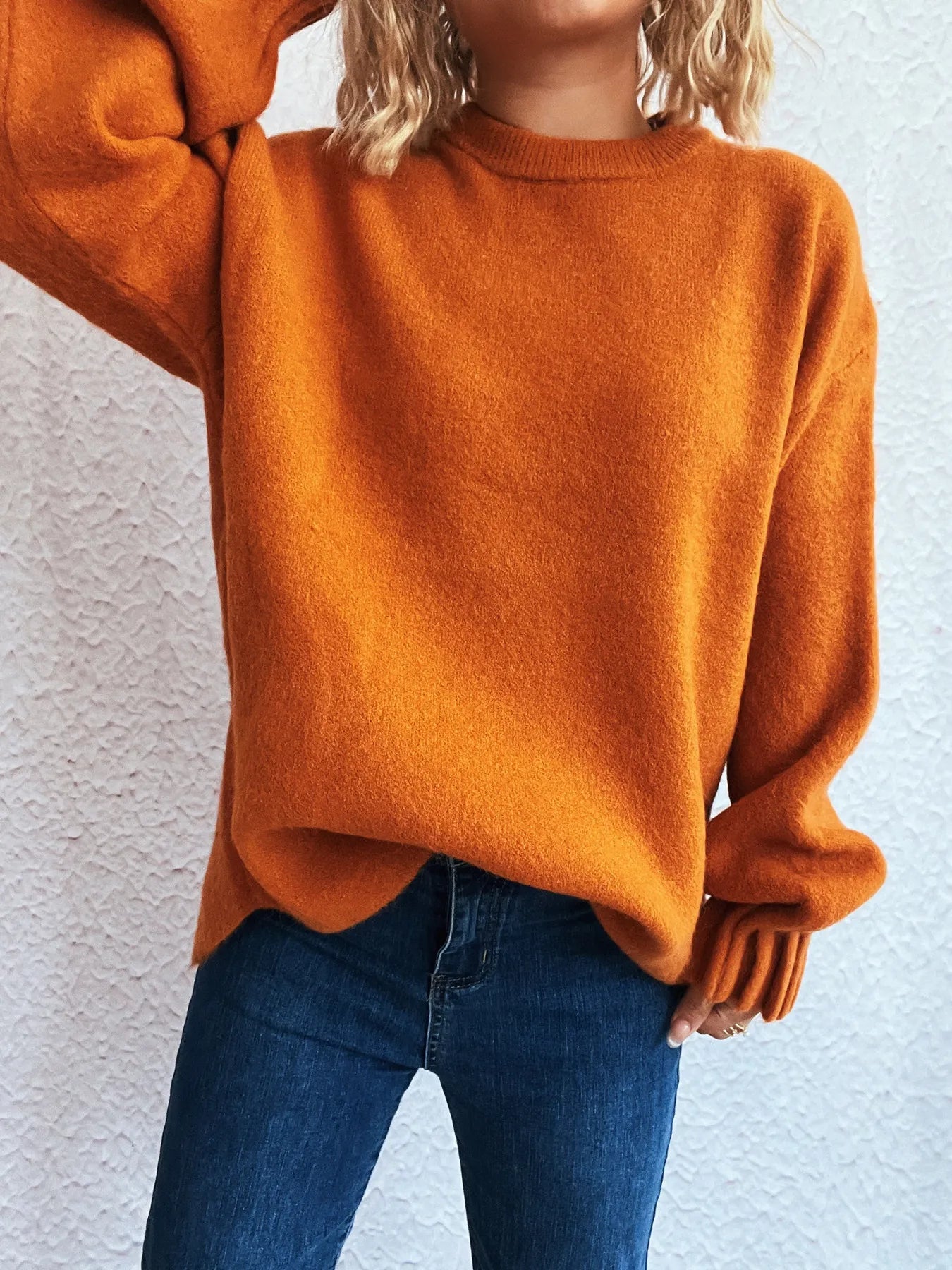 Round Neck Dropped Shoulder Sweater - Fashorio
