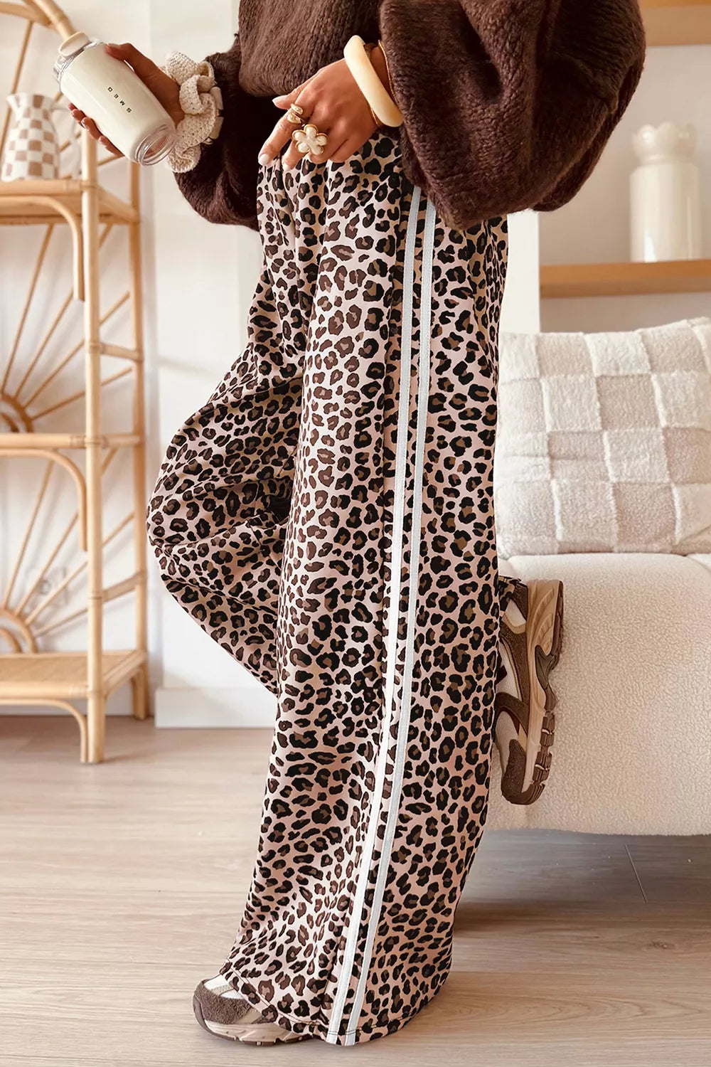 Back view of the leopard print wide leg pants
