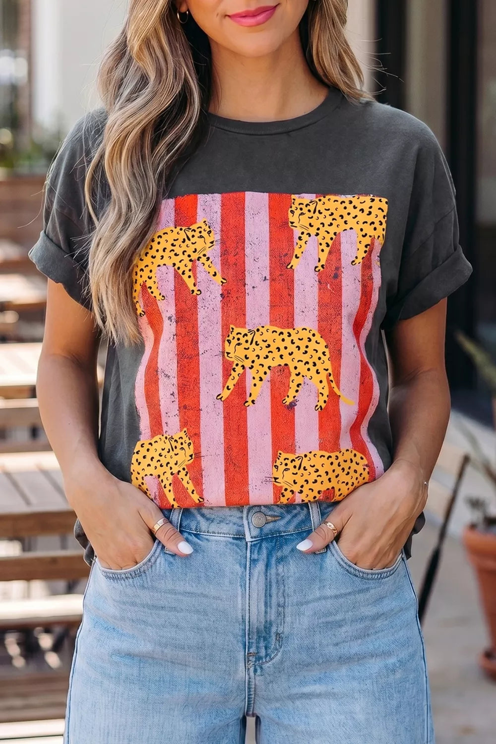 Dark gray cheetah and stripe print retro graphic tee back view