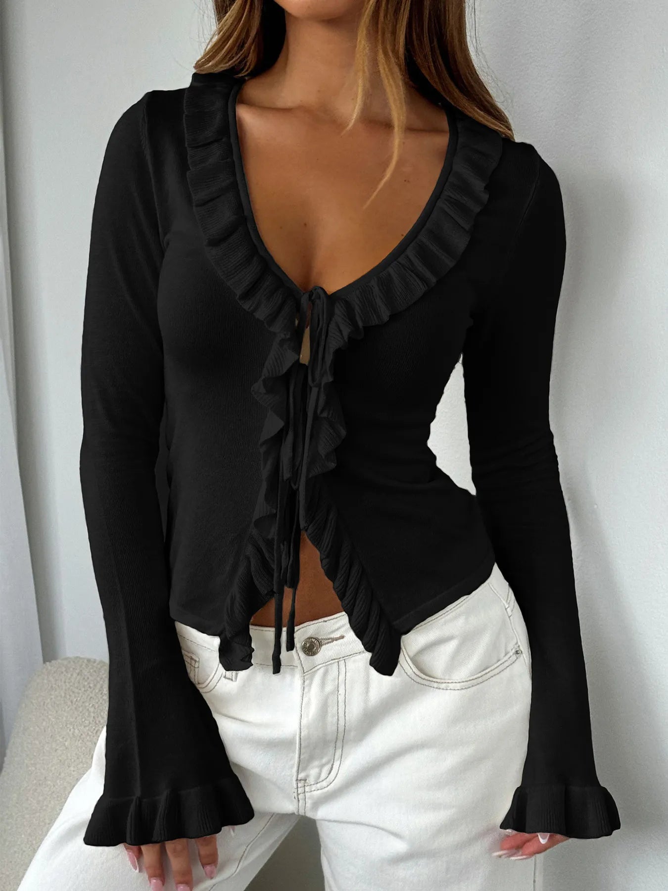 Ruffled Tie Front Flare Sleeve Shirt Black - Fashorio