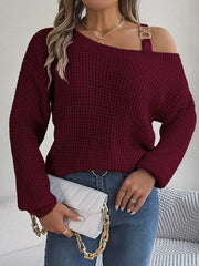 Asymmetrical Neck Long Sleeve Sweater Wine - Fashorio