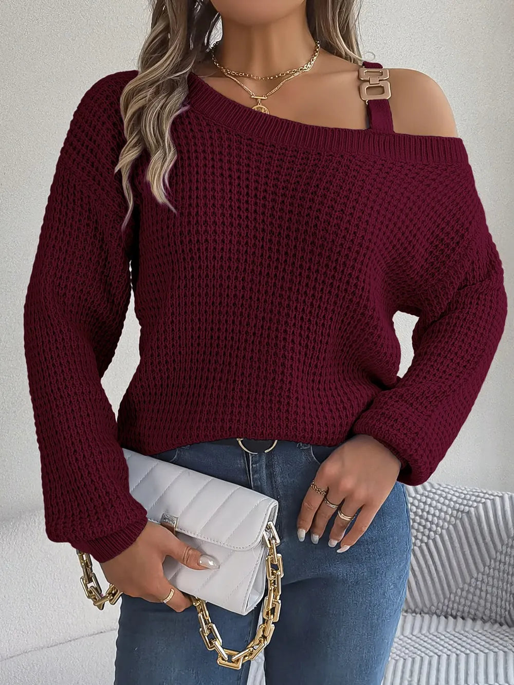 Asymmetrical Neck Long Sleeve Sweater Wine - Fashorio