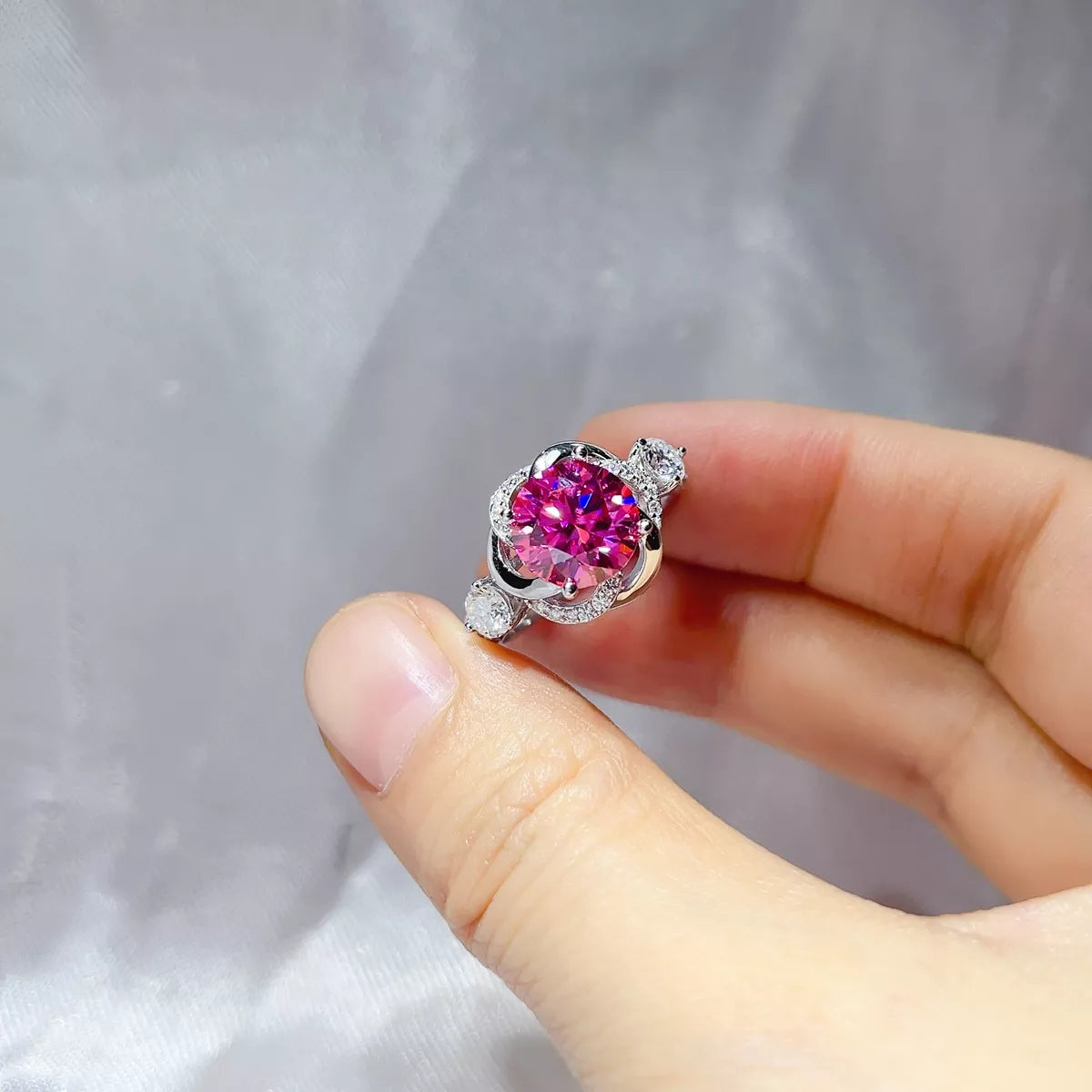 Close up of the hot pink moissanite stone