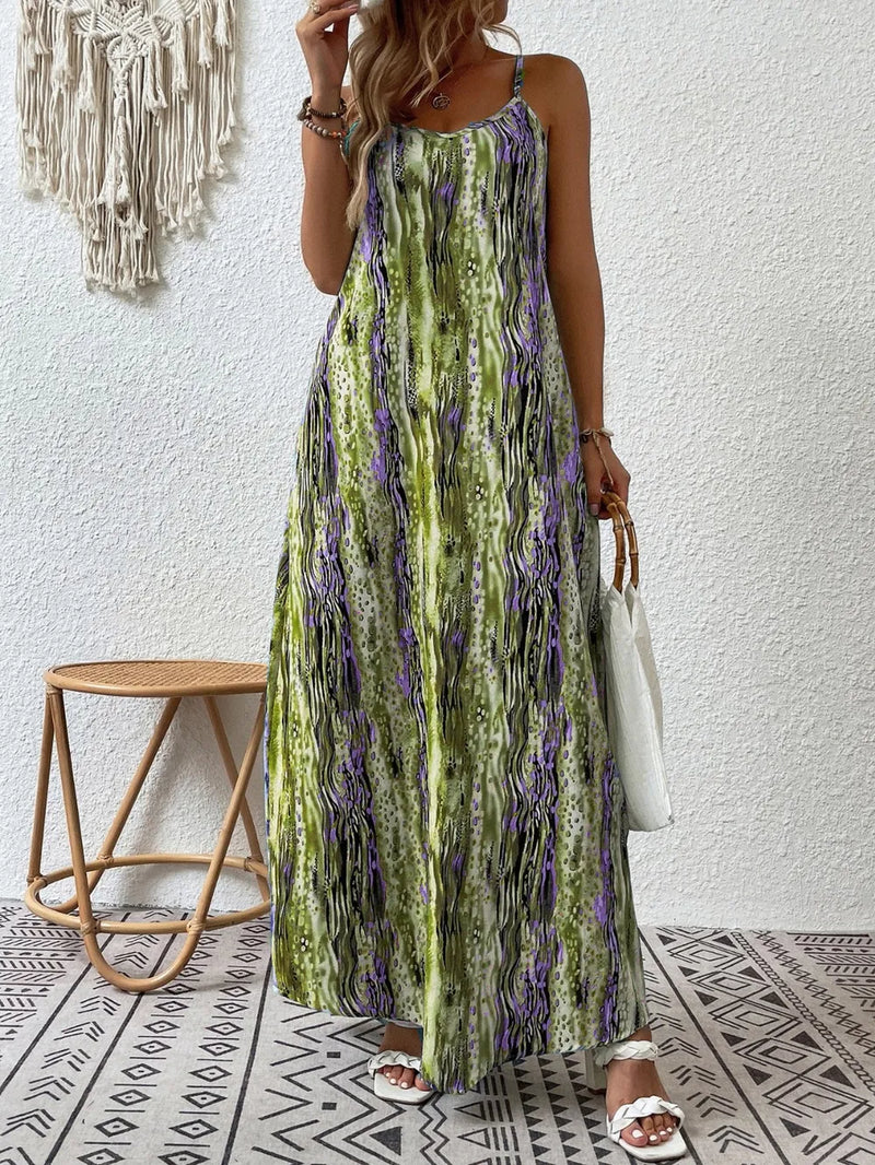 Printed scoop neck maxi cami dress front view