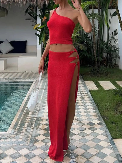 Single Shoulder Cami and Slit Skirt Sweater Set Red - Fashorio