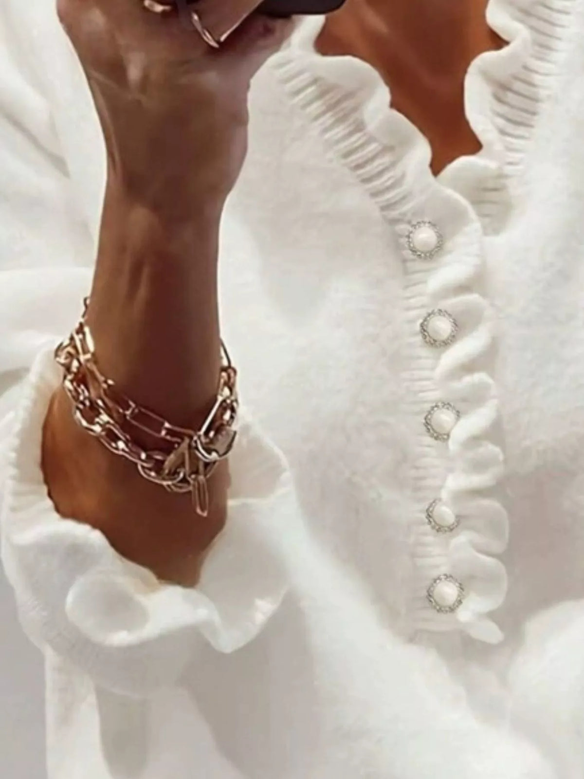 Ruffle Pearl Button Sweater styled look