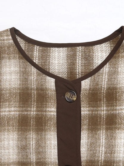 Plaid Long Sleeve Button-Up Jacket with Chest Pockets - Fashorio