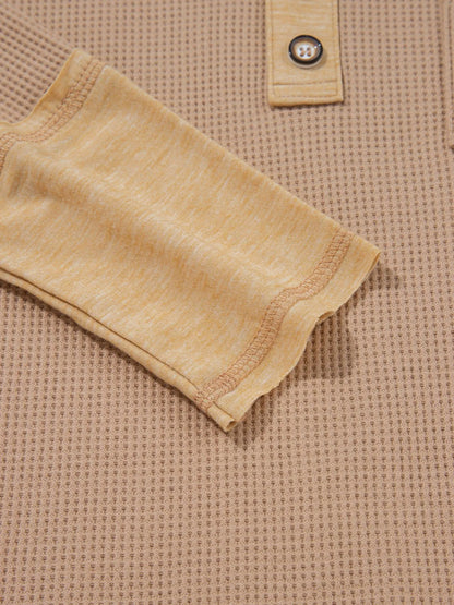 Waffle Textured Tunic Henley Top with Slits - Fashorio