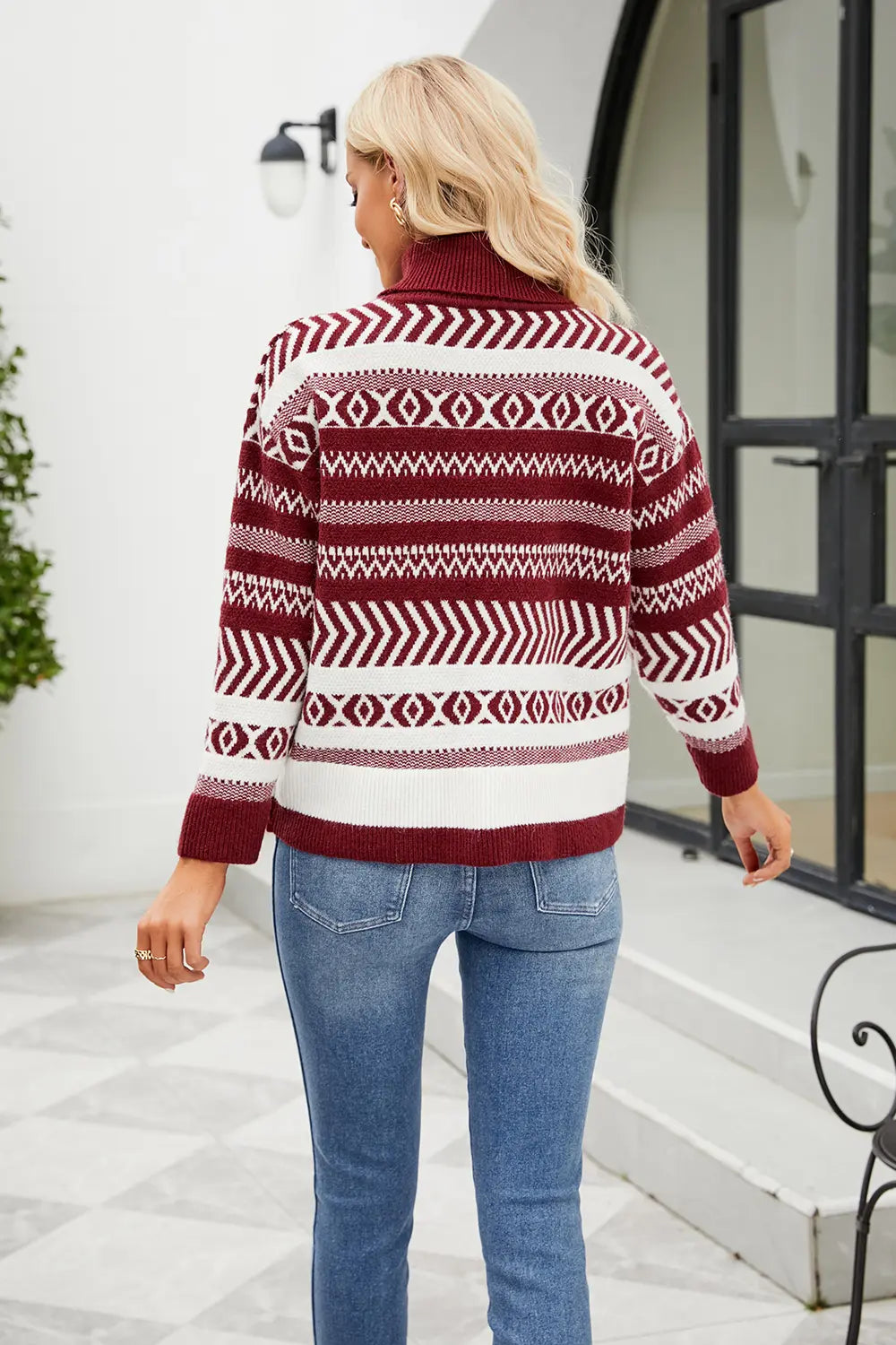 Geometric Turtleneck Long Sleeve Sweater - Fashorio