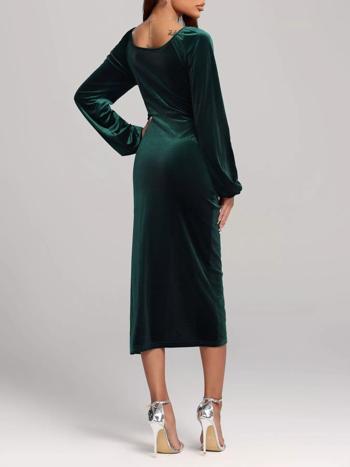 Velvet long sleeve slit midi dress full length view