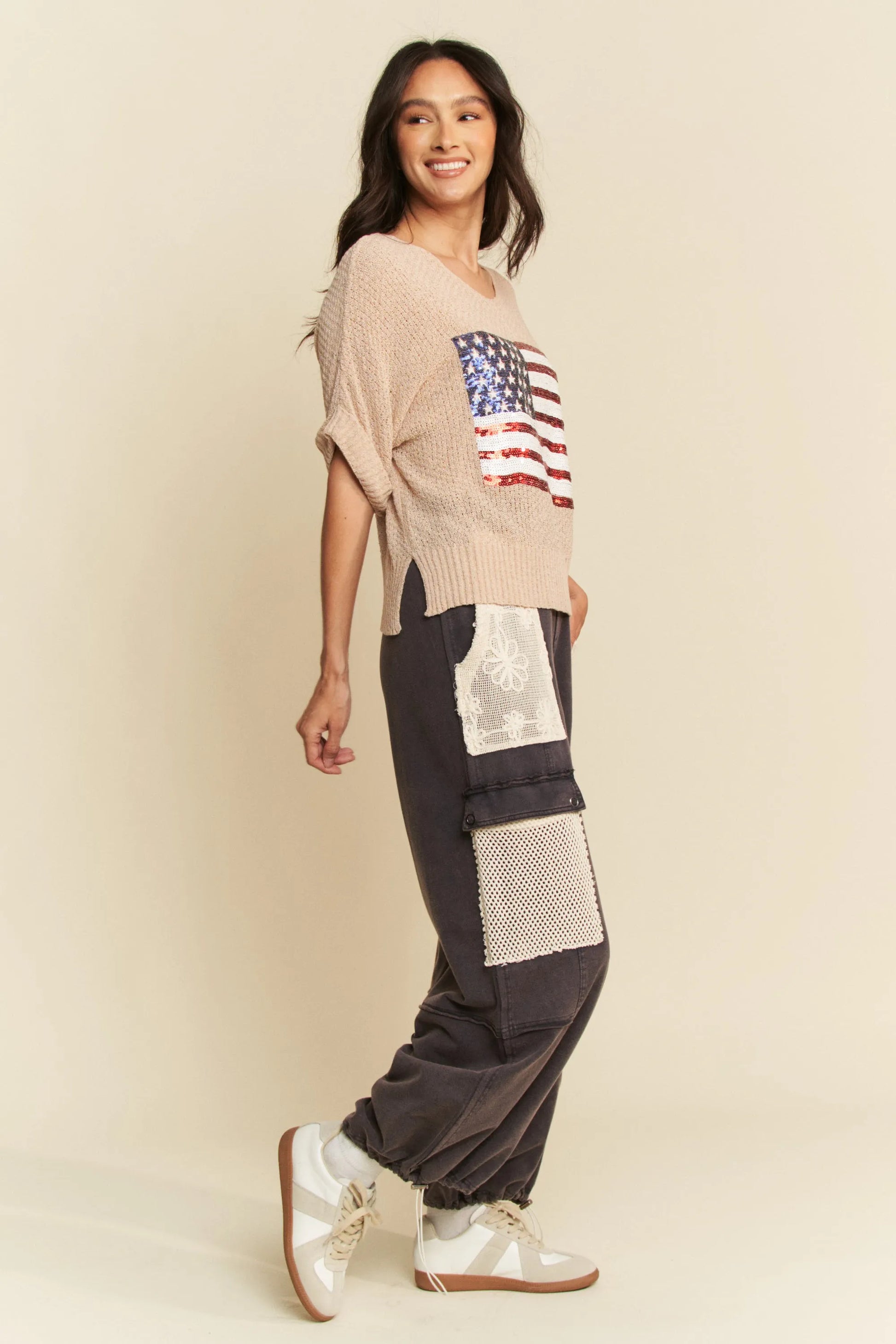 Davi & Dani Sequin American Flag Patch Short Sleeve Knit Top - Fashorio