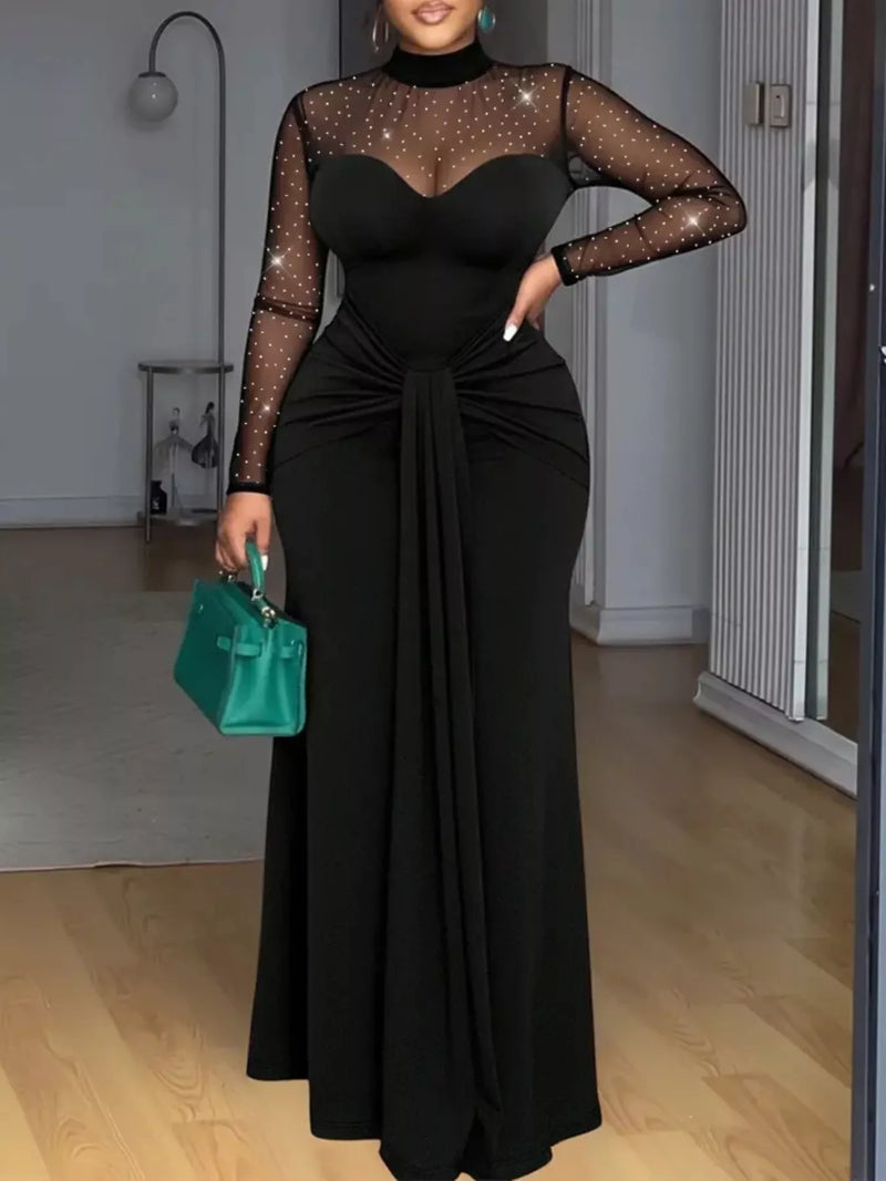 Black mesh mock neck long sleeve maxi dress front view