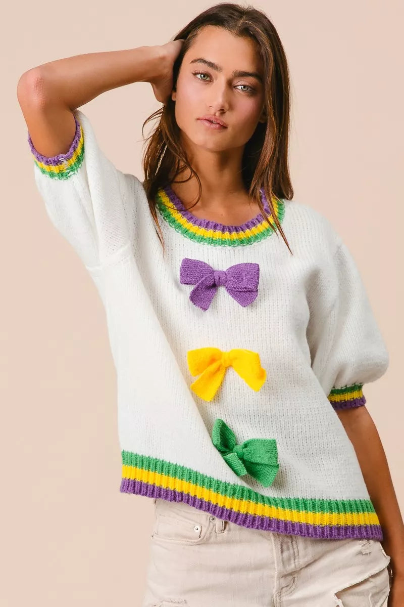 Puff Sleeve Ribbon Bow Sweater in Ivory side view