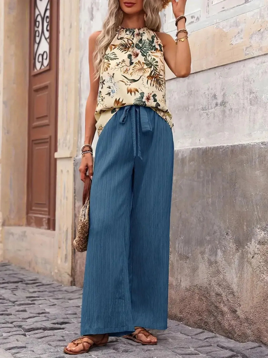 Printed Tank Top and Wide Leg Pants Set - Fashorio