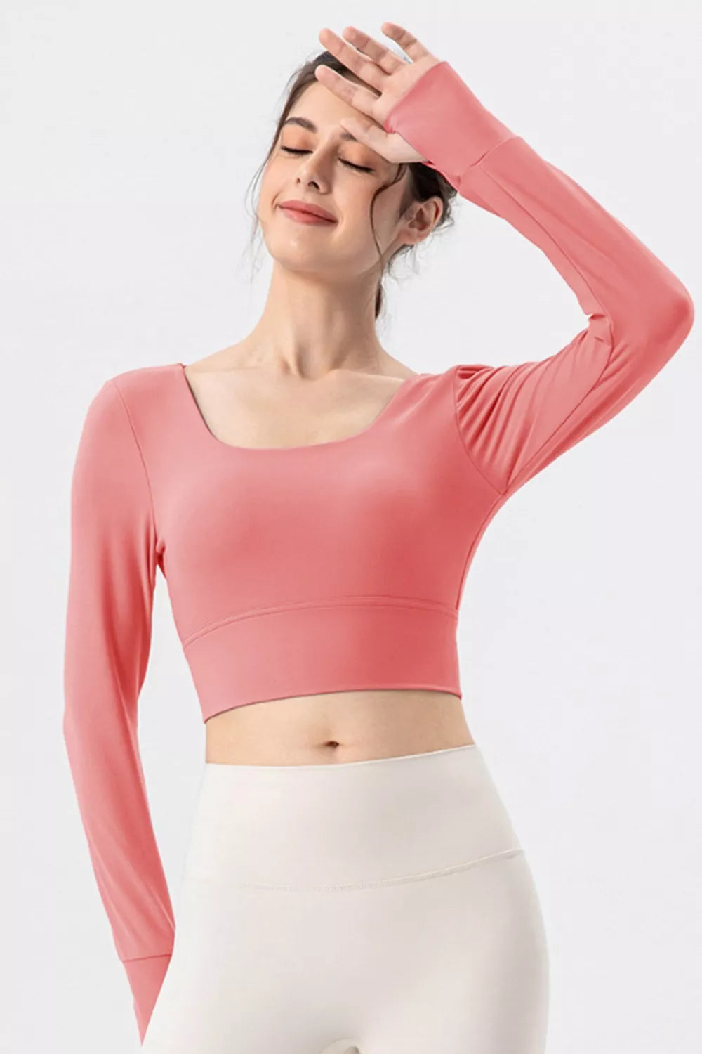 Square neck crisscross active t-shirt front detail