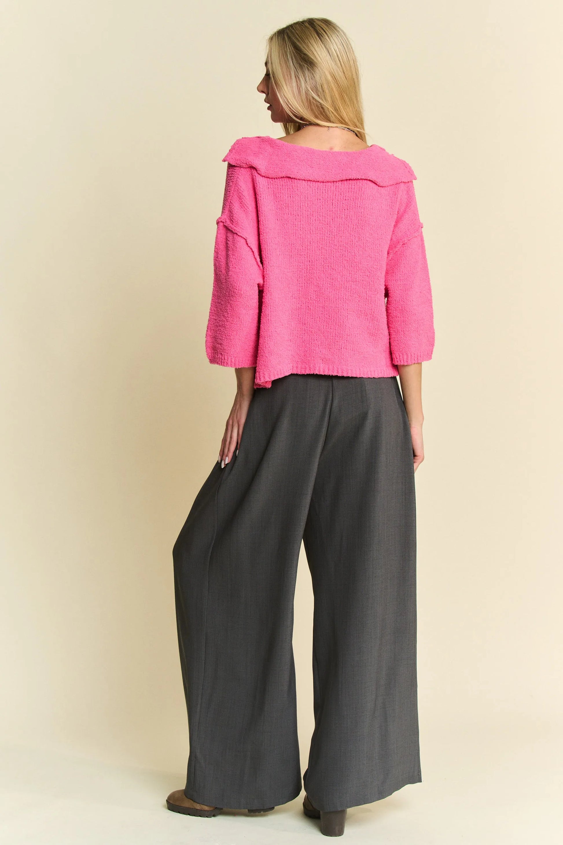 Davi & Dani Solid Back Pocket Shirring Detail Wide Leg Pants - Fashorio