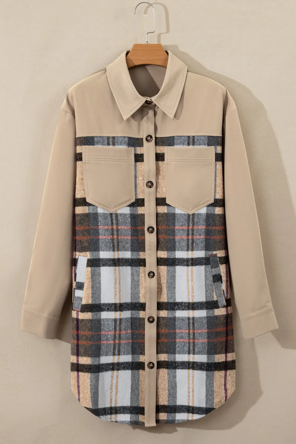 khaki plaid long sleeve button front mini shirt dress back view